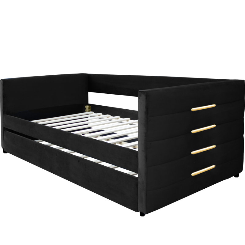 MODERN TWIN SIZE DAYBED WITH TRUNDLE, UPHOLSTERED BLACK VELVET SOFA BED FRAME WITH GOLD ACCENTS, SPACE-SAVING GUEST BED FOR BEDROOM OR LIVING ROOM(OLD SKU:W1867S00004)