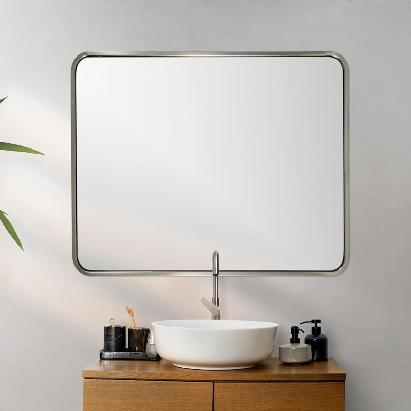 Miroir de salle de bain rectangulaire contemporain | Cadre épais en acier inoxydable, Nickel brossé, 40 po x 36 po
