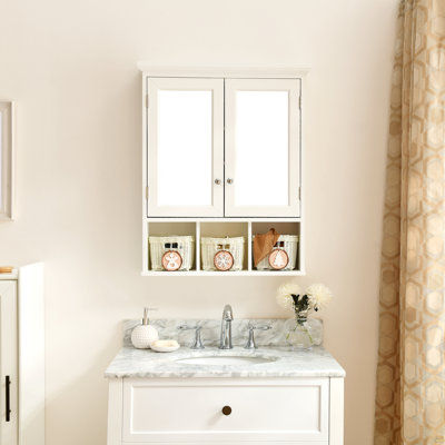 Bathroom Storage Cabinet, Medicine Cabinets for Bathroom with Mirror, 2 Doors 2 Adjustable Shelf + 3 Christmas Style Storage Basket, White Wood Cabine