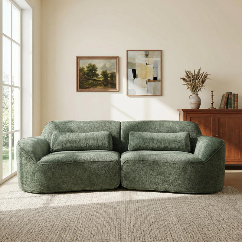 Canapé incurvé moderne avec mousse haute densité entièrement compressée et méridienne, ensemble 2 pièces, Polyester vert