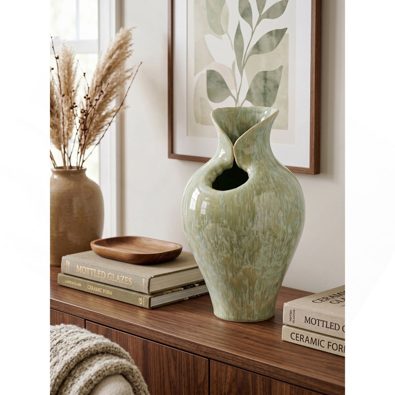 D9.8x16.5" Sage Green Sculptural Ceramic Vase