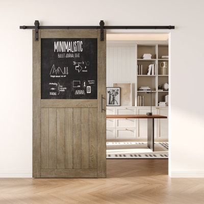 Homacer Classic Gray 32in x 80in Top Chalkboard Panel Design Unassembled & Finished Barn Door with Non-Bypass Installation Hardware Kit, 5.5ft track, interior use only