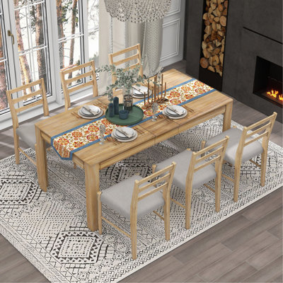 Extendable Table with 12" Leaf and 2 Drawers, 6 Dining Chairs with Soft Cushion