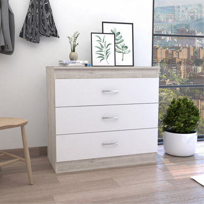 Commode H 29 po, trois tiroirs, quincaillerie en métal, plateau supérieur, gris clair / blanc