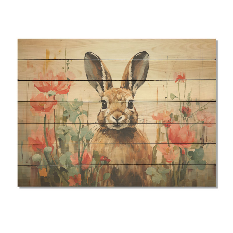 Curious Floral Rabbit Meadow I - Lapin sur bois, H 24 po x l 32 po x P 0,78 po