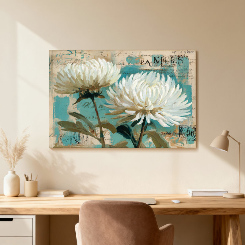 Plantes et fleurs Fleurs blanches sur fond rétro, H 12 po x l 18 po, Toile tendue, Ne s’applique pas