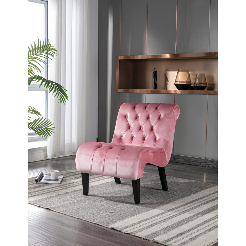 Chaise sans accoudoirs en velours rose pour un salon élégant - Pieds en bois avec garniture en mousse, Pink