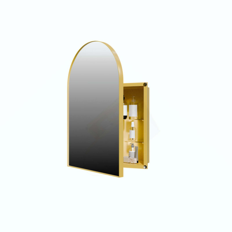 Armoire à pharmacie de coin en métal avec miroir arqué, tablettes en verre réglables, rangement de salle de bain peu encombrant pour les petits espaces
