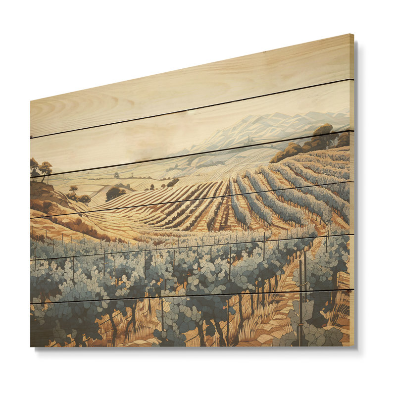 Minimalism Vineyard Dreamscape - Vineyard Wood Panel Wall Art On Natural Pine Wood, 30" H x 40" W