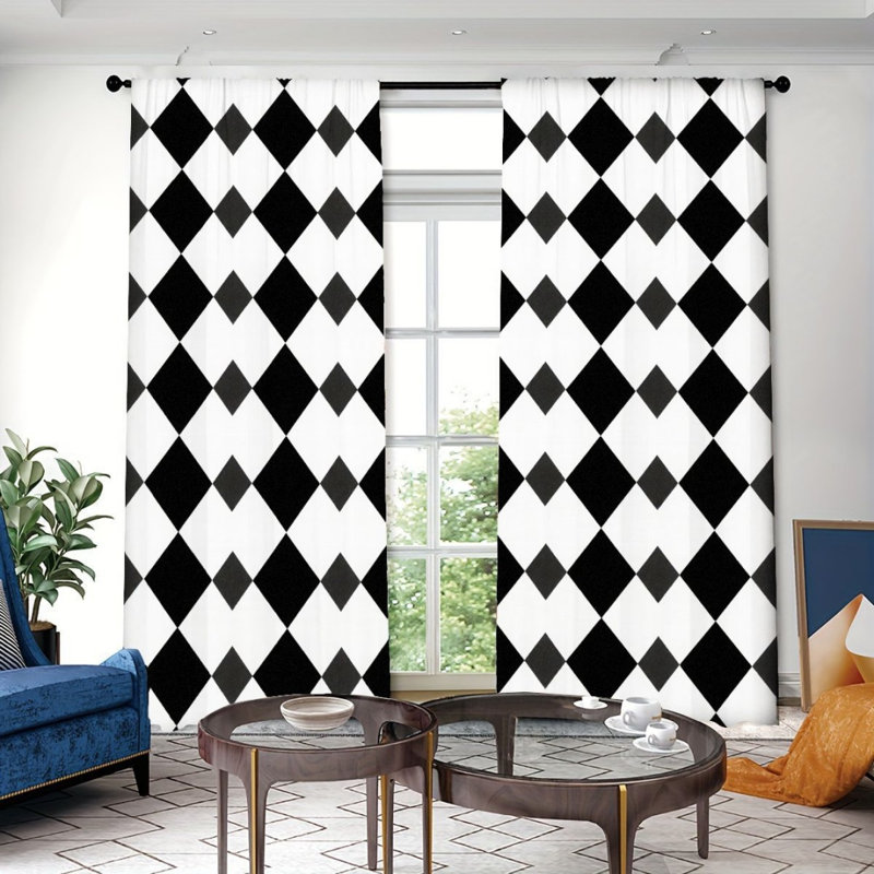 2Pcs Black and White Geometric Design Curtains, Rod Pocket Light Filtering, Modern Minimalist Style, All-Season For Living Room Bedroom Study Window Decor