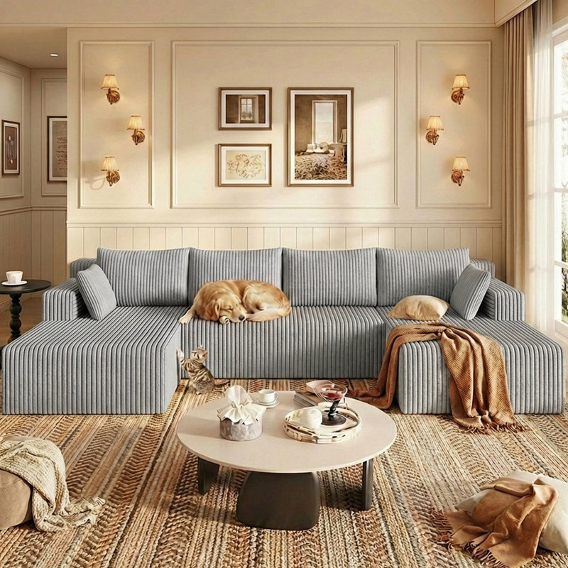 Canapé modulaire en forme de U de 124 po avec siège profond et canapé profond désossé, sans nuage, Gris pale