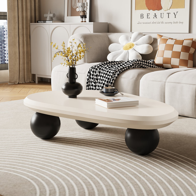 Table basse moderne 51 "ovale noir crème / brun avec trois pieds ronds, Blanc, Plateau noir / base noire