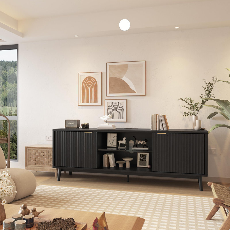 63" TV Stand with Power Outlet, Entertainment Center with Adjustable Shelf & Storage for Living Room, Black