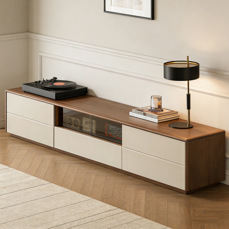 Walnut & Rubber Wood TV Stand, 14.96"H x 86.61"L x 15.75"W