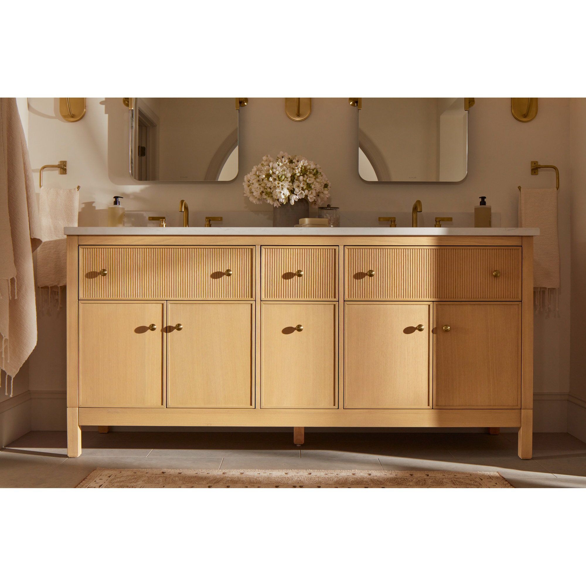 Malin By Studio McGee 72 in. Bathroom Vanity Cabinet With Sinks And Quartz Top, Oak, Brass, 39.68'' H X 72'' W X 22.43'' D