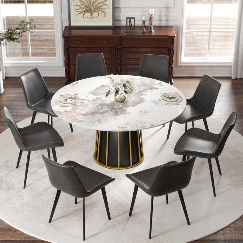 Table de salle à manger moderne 59,05 po en pierre artificielle ronde avec panneau en fer blanc et métal pouvant accueillir 6 à 8 personnes (sans les chaises)