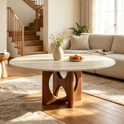 Table basse moderne Arab Wabi-Sabi de 35 po avec base en bois massif arqué creux pour appartement et salon