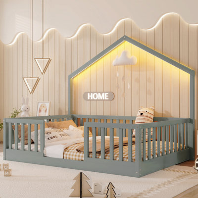 Structure de lit double avec rails surélevés, structure en bois Matériau de la base de lit Montessori avec éclairage pour chambre d'enfant, garçons et filles, gris