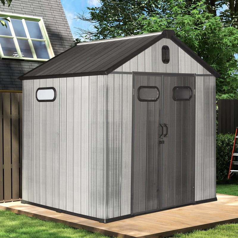 Abri de jardin en résine de 2,4 x 2,4 m avec porte verrouillable et construction résistante aux intempéries
