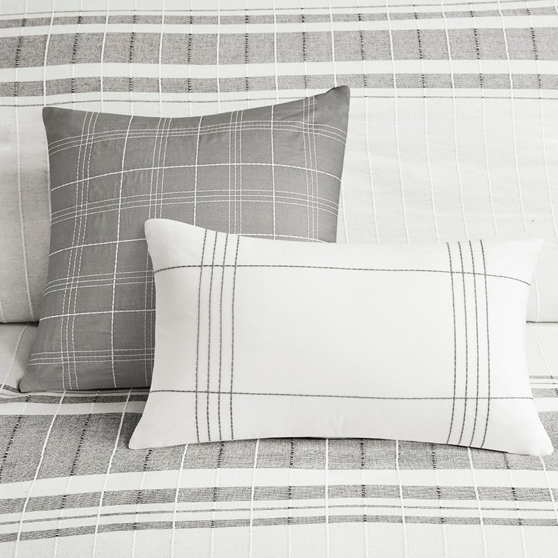 Housse de couette en coton très grand / très grand - gris + blanc 100% coussins texturés à rayures tissées Attaches internes Entretien facile sans machine à laver à la vapeur Blanc / gris 5 pièces Fermeture à boutons de substances nocives