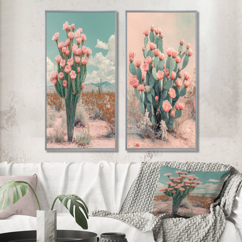 Pastel cactus en fleurs dans le désert III - art mural floral 2 panneaux, H 40 po x l 41 po, Encadrement argenté