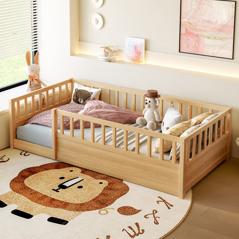 Elio Modern Pine Montessori Floor Bed with Extra-High Safety Guardrails, Twin, Natural