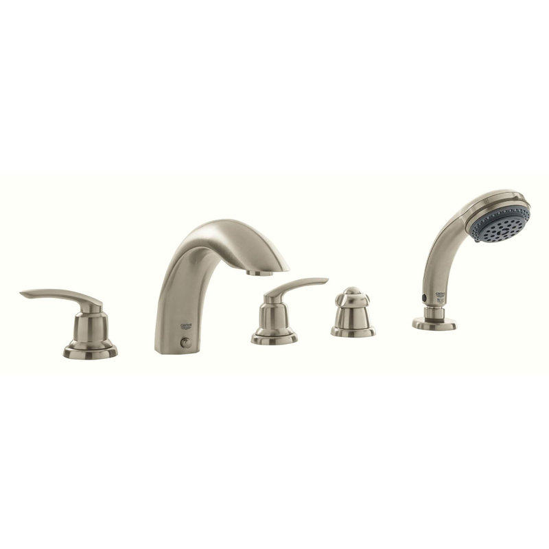 Talia Double Handle Deck Mounted Roman Tub Faucet Trim with Hand Shower, Polished Brass