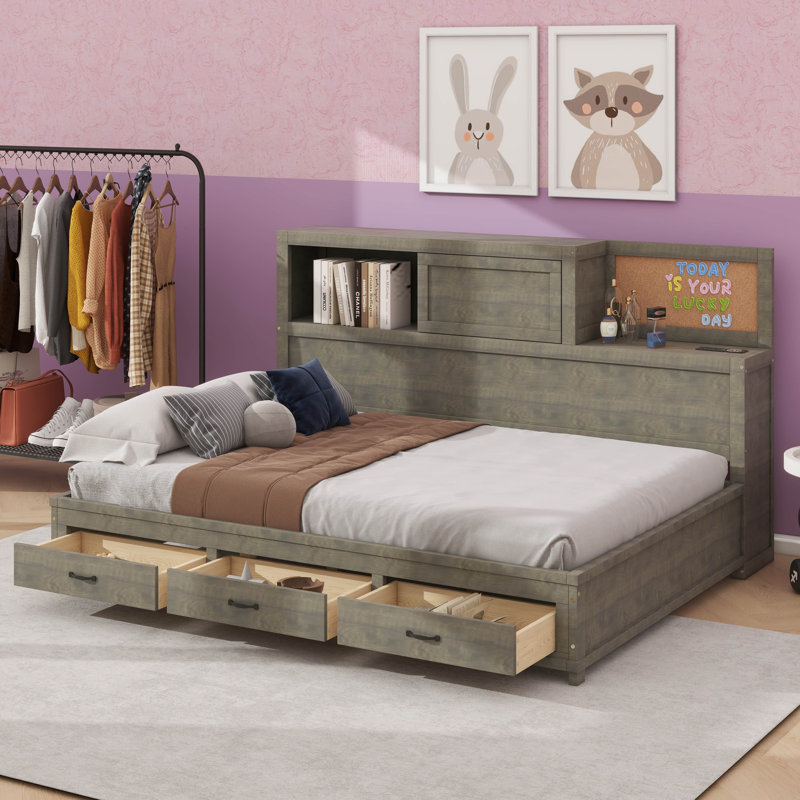 Lit de jour en bois pleine grandeur avec 3 tiroirs de rangement, un plateau supérieur souple, une tablette et un ensemble de prises et de ports USB