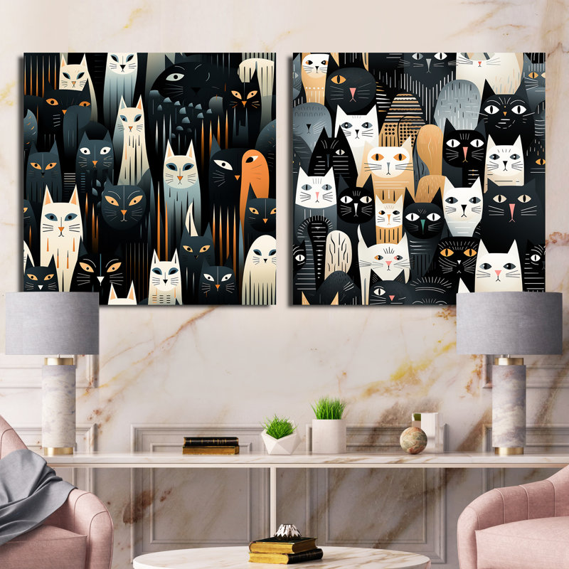 Motif abstrait de chats noirs et blancs - animaux, ensemble de 2 collages carrés, H 36 po x l 73 po, Toile tendue