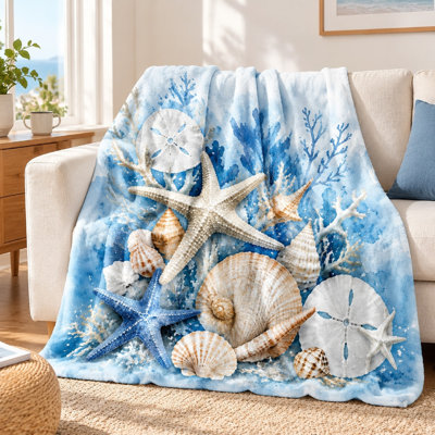 1Pcs Ocean Theme Flannel Blanket - Coastal Design;Perfect for Living Room, Bedroom, or CouchProvides Warmth and ComfortFeatures Starfish Seashells PrintAdds a Decorative Touch to Any HomeIdeal Beach House DecorWonderful Gift Idea