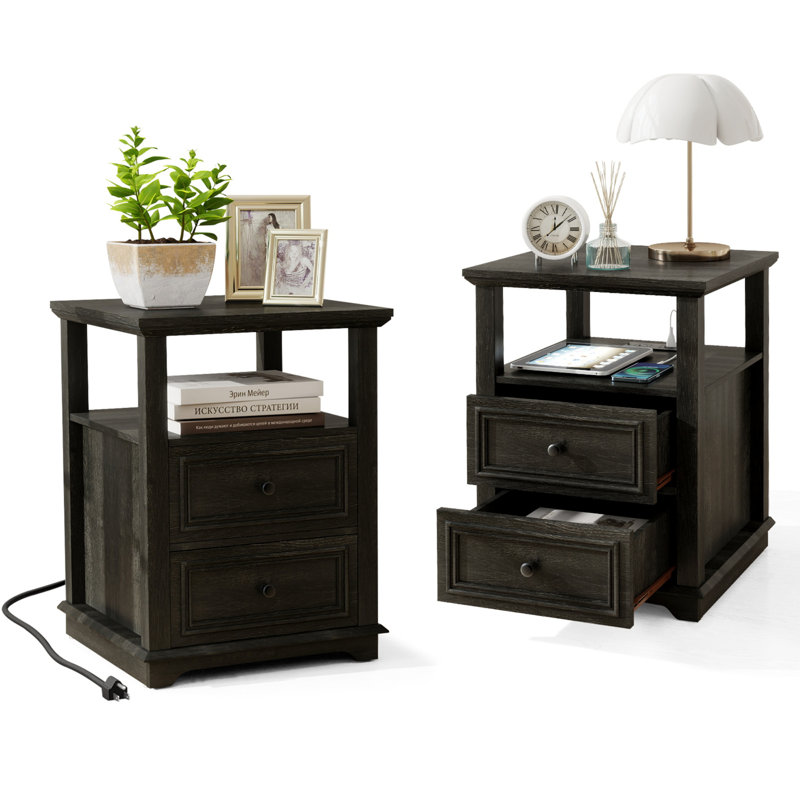 18 Inch Wide Nightstand With Charging Station, Side Table With Open Shelf, 2 Drawers Wood Dresser, End Table For Bedroom & Living Room