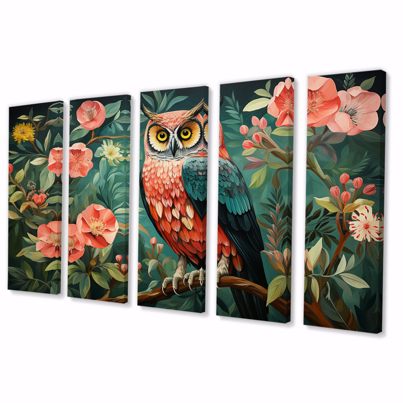 "Hibou rose et gris dans le style Matisse V, 5 pièces" - 5 pièces, H 28 po x l 60 po