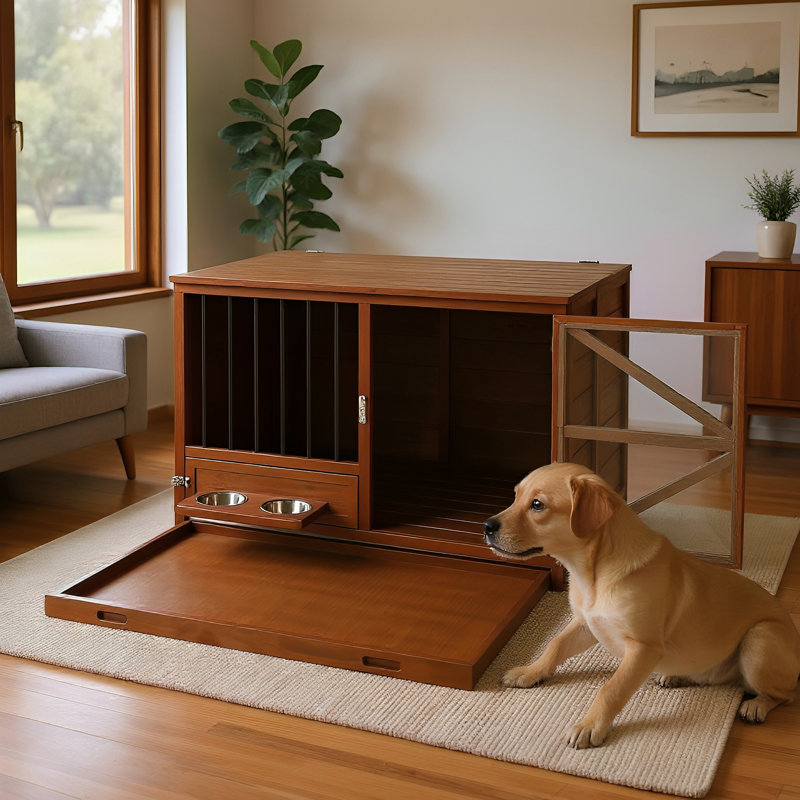 Meuble pour chien en bois massif de 43 po, chenil pliable avec mangeoire pivotante à 360 °, tâches multiples pour petits et moyens chiens, plateau portatif facile à nettoyer, apparence de style moderne, motif de couleur noyer