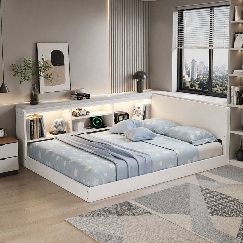Base de lit en forme de L pour enfants, lit d'angle avec compartiments de rangement latéraux Montessori, station de charge intégrée et éclairage