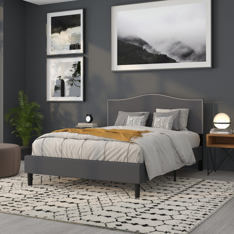 Fitzsimmons Arched Upholstered Headboard with Accent Nail Trim, Dark Gray, Queen