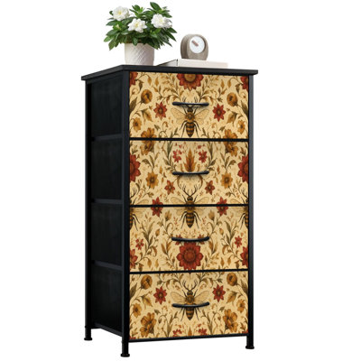 Commode de rangement verticale 4 tiroirs avec abat-jour en bois à motif floral d'automne et botanique rouge avec plateau en bois