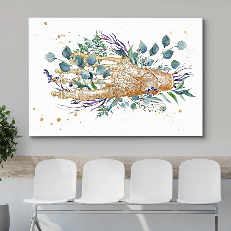 Squelette à la main, pastel, feuille de forêt printanière, santé, art moderne, botanique, décoration murale