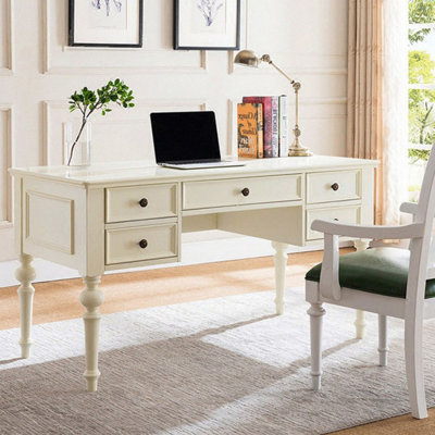Ivory white Rectangular Solid Wood Writing desk with drawers desk