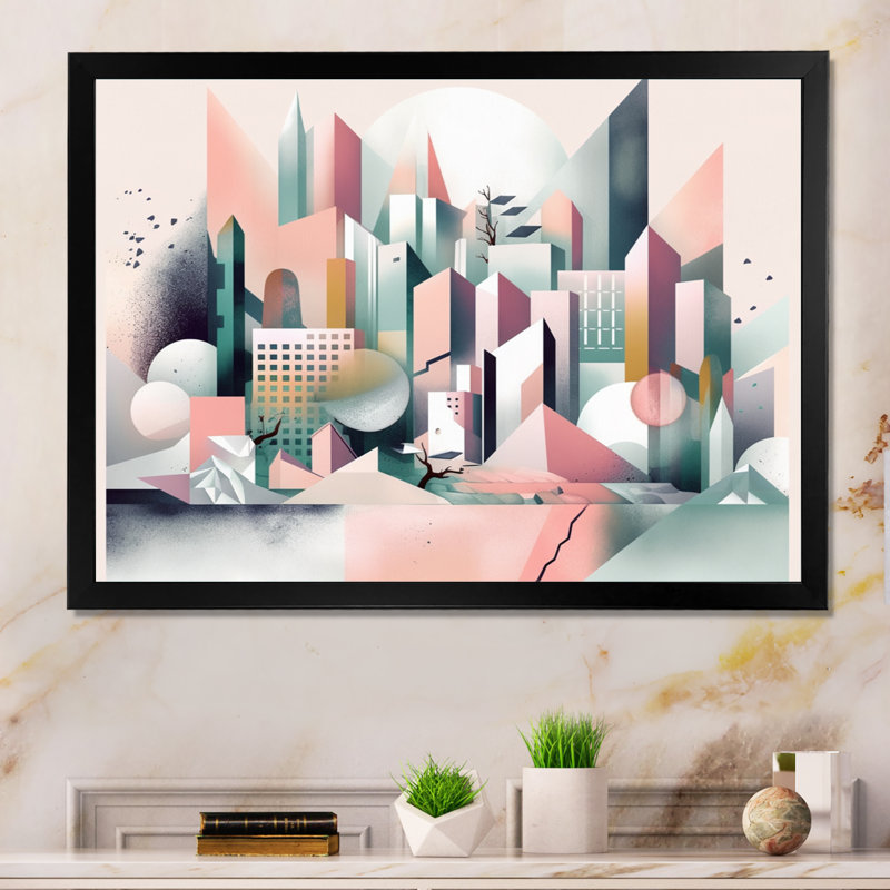 Reproduction d'art abstrait paysage rose et vert surréels II, H 24 po x l 32 po x P 1 po, Cadre photo noir