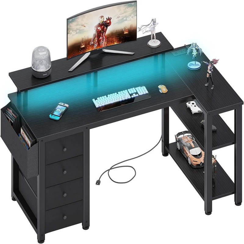 Bureau noir en forme de L avec lumières à DEL et prises de courant, pupitre de bureau d'ordinateur avec tiroirs en tissu