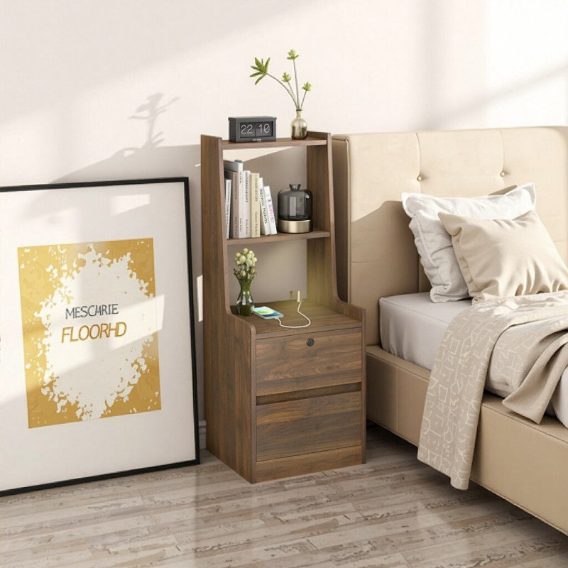 Nightstand With Charging Station, Brown