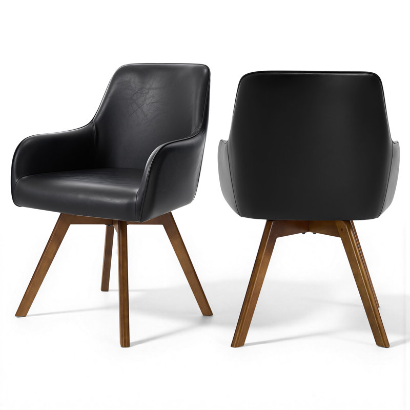 4.3" Thick Sponge Cushioned Seat, Mid-Century Modern Swivel Dining Chair, 360° Rotating Upholstered Armchair With PU Leather, Beech Wood Legs, Ergonomic High Back & Armrests, Comfortable Accent Chair