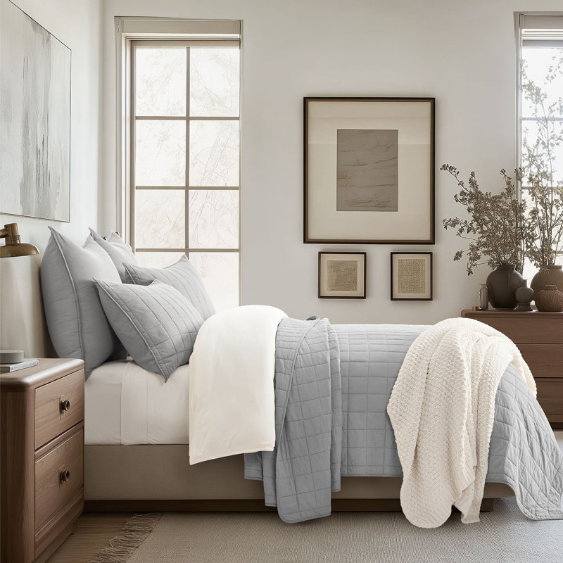 100% Cotton Box Stitch Quilt Set, Queen Quilt + 2 Queen Shams, Fog Gray