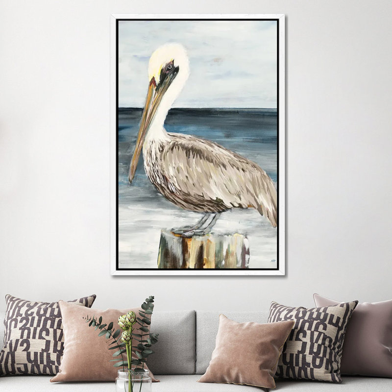Muted Perched Pelican by Julie Derice - Painting on Canvas, White Framed, 152.4cm H x 101.6cm W x 3.81cm D
