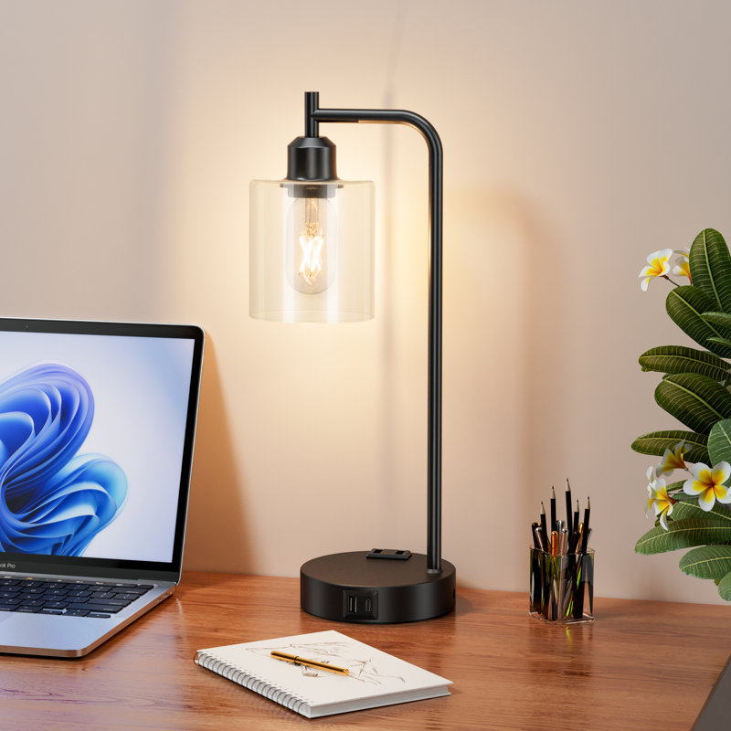 16.5'' Industrial Table Lamp with Glass Shade, 3-Way Dimming, AC Outlet, USB A&C