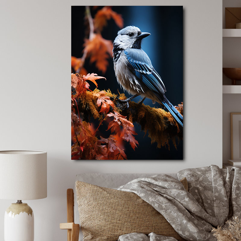 Oiseaux bleus et rouges dans les bois II - animaux, impressions sur toile, H 32 po x l 24 po x P 1 po, Toile tendue