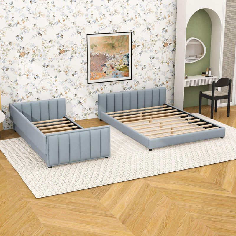 Ensemble de lit simple TG et grand lit avec rails de sécurité rembourrés, Gris