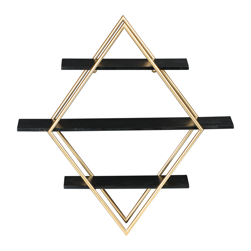 Wood and Gold Diamond Wall Shelf, Black/Gold