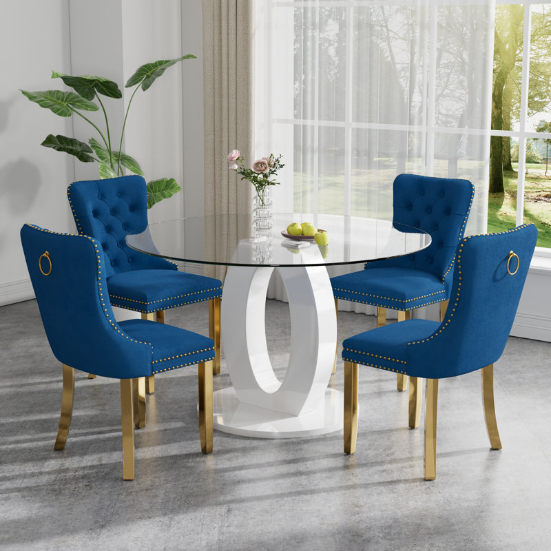 High Gloss Round Dining Table Set with 4 Velvet Dining Chairs, Blue/Gold