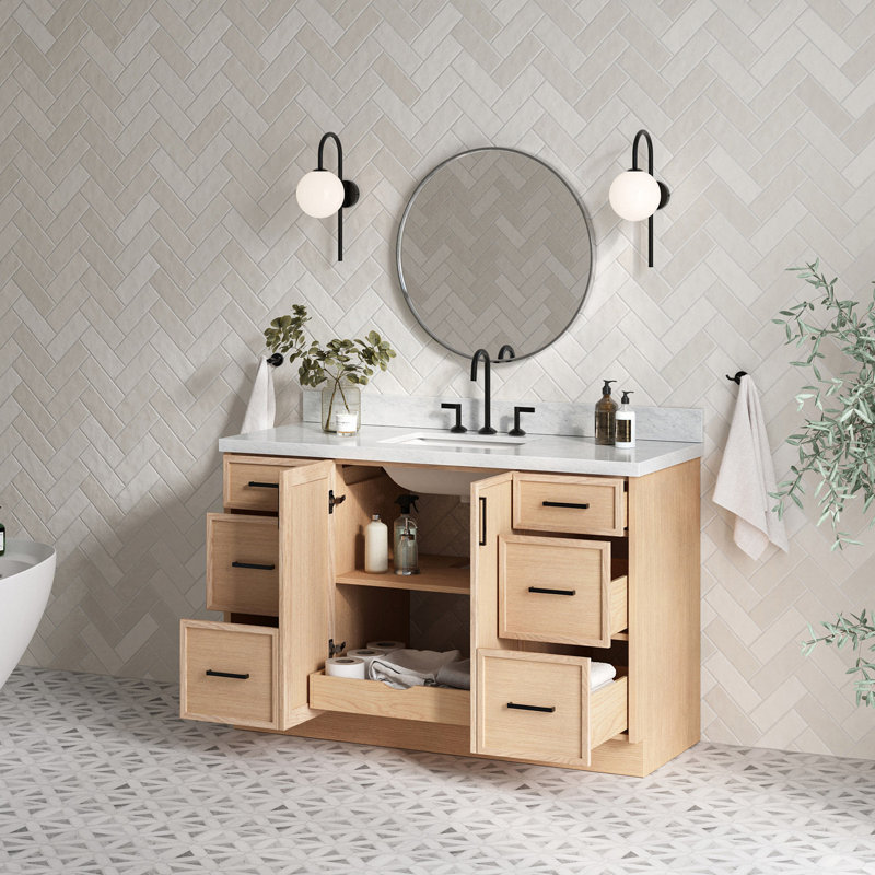 ARIEL Kelly Single Sink Bathroom Vanity with Italian Carrara Marble Top, Oak, 55"